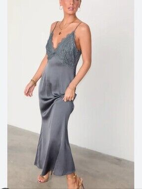 Never Fully Dressed Grey Reha Satin Lace Sequins Embellised Slip Dress Sz-6